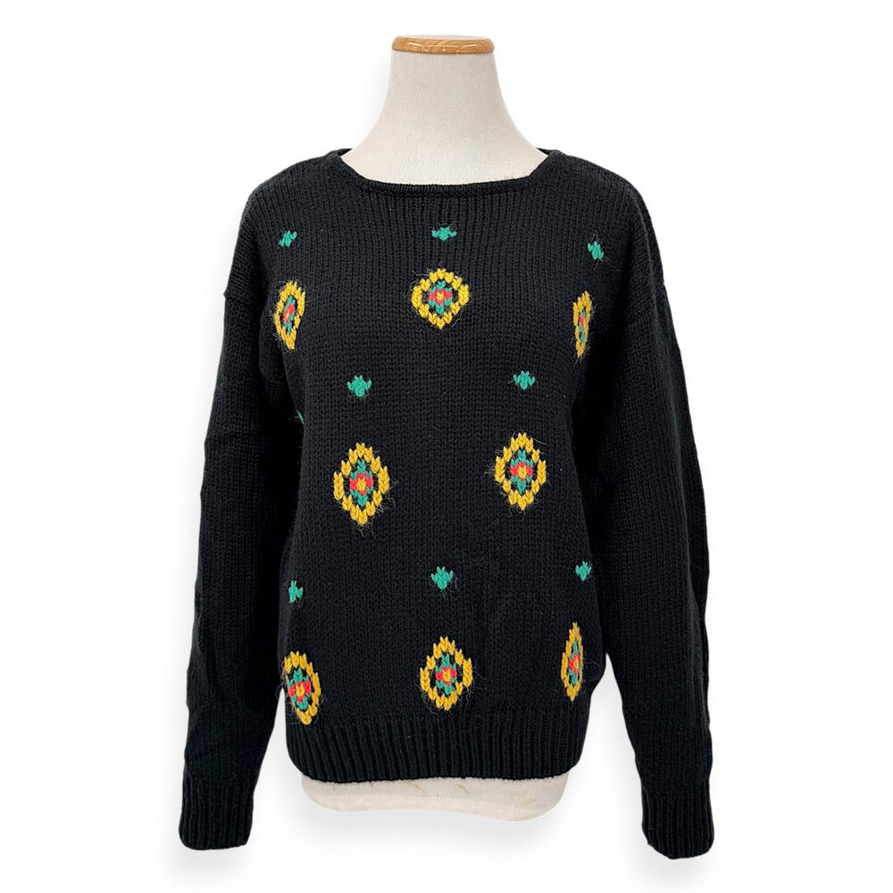 VINTAGE Circle T by Marilyn Lenox | L | Women's Black Knit Crew Pullover Sweater